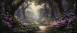 A painting of a path through a forest with purple flower