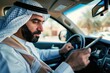 © qntn - Middle Eastern businessman in traditional attire using smartphone in car, focused on modern connectivity - AI generated