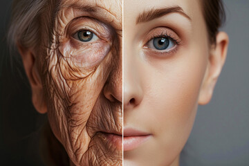 Wall Mural - photo of a side-by-side comparison showcasing the remarkable improvement in a old and young  woman's skin