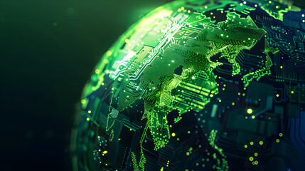 Wall Mural - a semi - opaque globe with vibrant green continents made of circuit board patterns, against a dark n