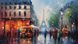 Impressionist style oil painting. Bustling cityscape 