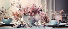 Elegant Table Decor With Glassware, Dinnerware, And Flowers