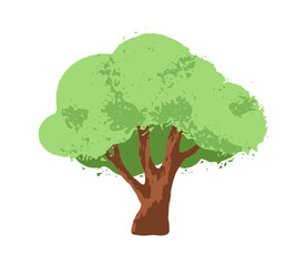 Poster - Deciduous tree, forest plant. Green leaf crown, summer wood vegetation, oak, leaves on branches, trunk. Abstract botanical flat graphic vector illustration isolated on white background