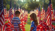 Two kids playing between the flags of America, Memorial Day Generative AI