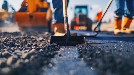 Wall Mural - Road construction crew paving fresh asphalt with heavy machinery under bright sunny conditions - AI generated