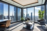 Fototapeta Miasto - Corporate Business Photography of an Executive Office with Floor-to-Ceiling Windows, Generative AI