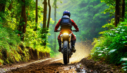 Wall Mural - Back view of a man riding an off-road motorcycle (motocross or enduro motorcycle) on a mountain road in a green forest. Generative Ai.