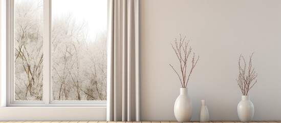 Canvas Print - Minimal Scandinavian room interior with vases on wooden floor and large wall, overlooking serene landscape through window with curtains.