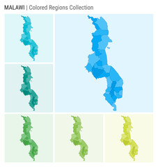 Wall Mural - Malawi map collection. Country shape with colored regions. Light Blue, Cyan, Teal, Green, Light Green, Lime color palettes. Border of Malawi with provinces for your infographic. Vector illustration.