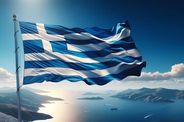 Wall Mural - Realistic illustration for greek independence day with the greek flag waving in the wind and aegean sea in background.