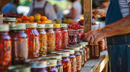 Close-up of farmer's market stall with jars of honey and preserves, hands visible, and blurred faces