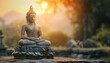 Tranquil Buddha Statue at Sunrise with Glowing Light and Mist