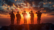 Sunset backdrop with USA Army soldiers saluting, Generative Ai