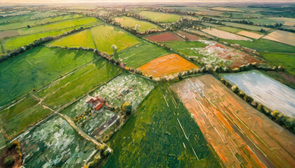 Wall Mural - An energetic portrayal of rural landscapes and agricultural expanses seen from a bird's-eye perspective, interpreted with acrylic paints in a style characterized by lively splashes of color and bold, 