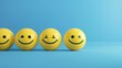 © qntn - Row of smiling emoticon balls on blue background, concept of happiness and positive customer feedback - AI generated