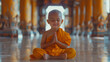 Make a photo of a kid monk in a temple, sitting on the floor and meditating with closed eyes and a big smile.generative ai