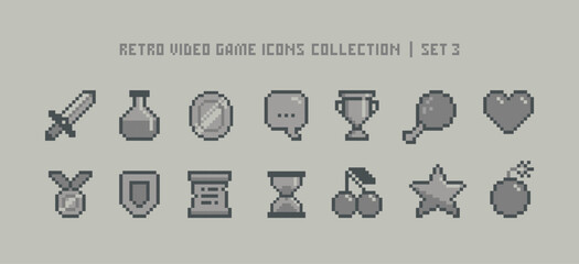 Poster - Vector Retro Pixel Game icons set of diamond, weapon, rewards, heart, trophy cup, etc. Level Up. Pixel loot items award objects for retro 8-bit video game design. Video game sprite collection