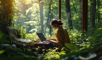 Woman working in nature, teleworking, plant a tree, woman with laptop in a forest, computer, informatic, feeling good at work, working from home, remote working, Generative AI 