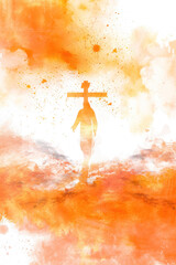 Wall Mural - Orange splash watercolor of Jesus Christ walking on clouds