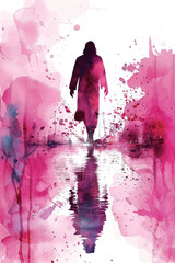 Wall Mural - Pink splash watercolor of Jesus Christ walking on water