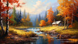 Oil painting landscape  river in autumn forest ..