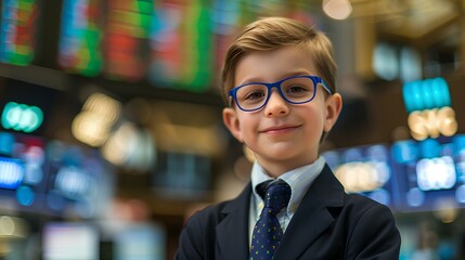 confident child businessman on stock exchange background. generative AI