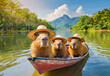 © jobi_pro - Capybaras Family Enjoy Sailing Boat on the Clear River Flowing Through Mountain Ranges
