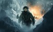 Man Walking Through Snow Covered Mountain