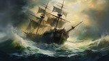 Fototapeta  - Oil painting of a ship on the raging seas ..