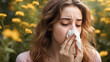 Woman blows nose suffers from seasonal pollen allergy near blossoming tree outdoors. Allergic reaction on pollen