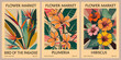 © Creative_Juice_Art - Set of abstract Flower Market posters. Trendy botanical wall art with exotic tropical flowers, Bird of Paradise, Plumeria, Hibiscus in bright colors. Vector illustrations in Mid century modern style.