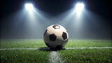 Fototapeta Sport - Soccer ball on green grass field under dark sky