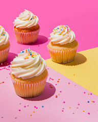 Wall Mural - Few cupcakes decorated with white frosting, sitting on a light pink and yellow background. Vivid bold colors.