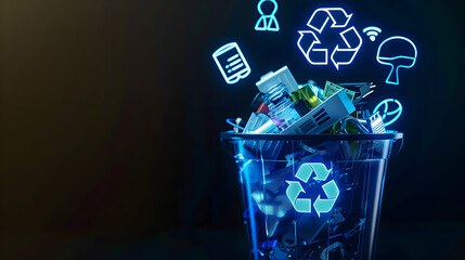 Wall Mural - a semi - opaque recycling bin filled with electronic waste, overlaid with glowing eco - tech icons, 