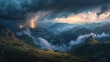 Photo of a dramatic mountain landscape with stormy clouds