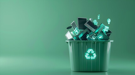 Wall Mural - a semi - opaque recycling bin filled with electronic waste, overlaid with glowing eco - tech icons, 