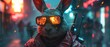 A hightech rabbit mafia boss in a neonlit room fire reflecting in his eyes as he contemplates a holographic money pile