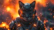 Closeup of a scifi soldier with a cybernetic cat ally amidst flames