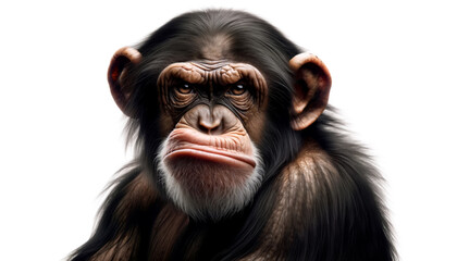 an adult chimpanzee with a disgusted expression frown, in clean white background. angry chimpanzee w