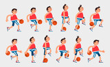 Fototapeta Kosmos - Basketball player in various stages of walking and dribbling the basketball in athletic attire. Sequence of Vector illustrations for animation.