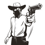 Fototapeta Kosmos - Cowboy with a wide-brimmed hat draws his revolver, ready for a duel in a classic Wild West scene. Vector retro illustration