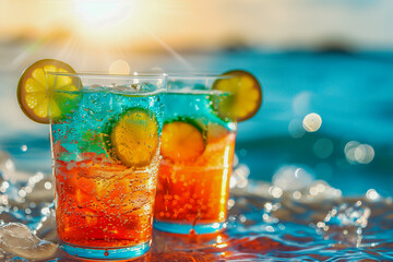 Summer cocktails by the pool. Sunny day, splashes, tropical fruits