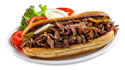 Wall Mural - Philly Cheesesteak Sandwichon a plate isolated on transparent png background. Generative ai 