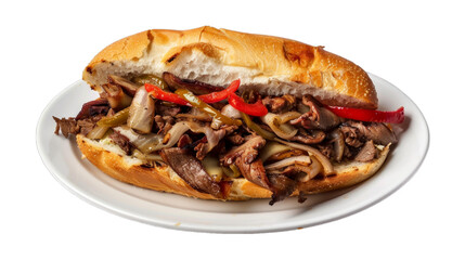 Wall Mural - Philly Cheesesteak Sandwichon a plate isolated on transparent png background. Generative ai 