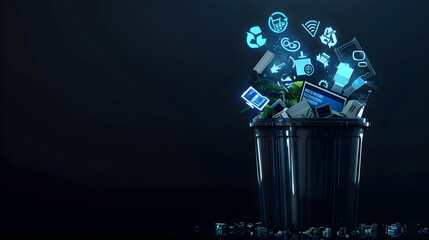 Wall Mural - a semi - opaque recycling bin filled with electronic waste, overlaid with glowing eco - tech icons, 