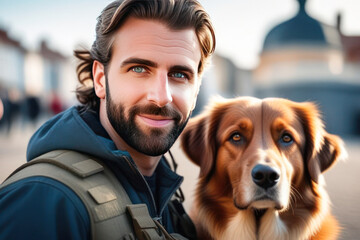 A male dog handler with a dog. Professional holiday Day of Dog Training Units concept.