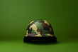 casque militaire de soldat, pour le front et les zones de guerre et de conflits armés, attentats, aux peintures camouflage vert, sur un fond vert militaire avec espace négatif copyspace