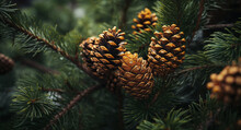 A Pine Cone Is Hanging From A Tree Branch With Needles And Needles On It's Branches, With A Blurry Background
