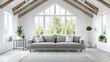 grey sofa in bright white room with vaulted ceiling
