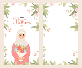 Wall Mural - Happy Mothers Day poster. Cute muslim woman in hijab with bouquet. Islamic female ethnic character on white background with flower. Vertical isolated festive floral banner. Vector illustration